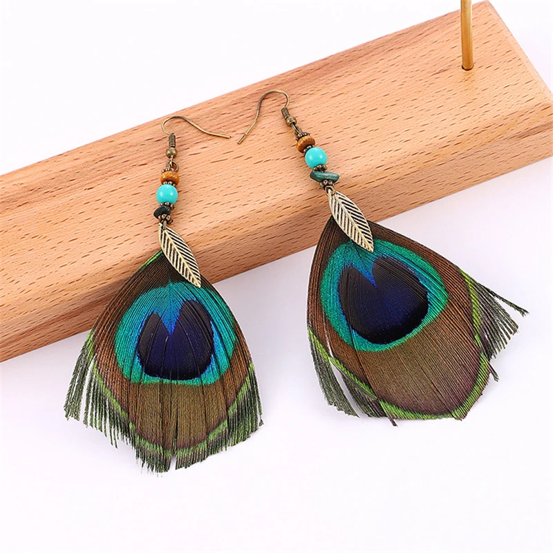 Женская богемная Мода кулон перо павлина серьги Бохо mujer moda bijoux винтажные