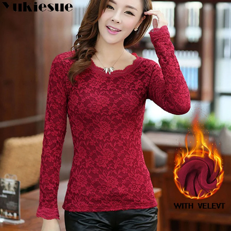 Пикантная белая кружевная блузка рубашка женские топы элегантная Зимняя Теплая