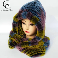 hat women 2021 real knitted rex rabbit fur hat hooded scarf long winter warm fur hat with neck collar scarves