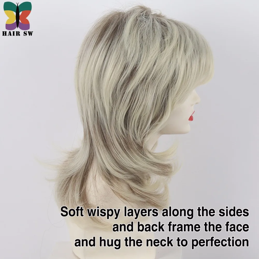 Женский парик со светлыми темными корнями средней длины с каскадными слоями|medium