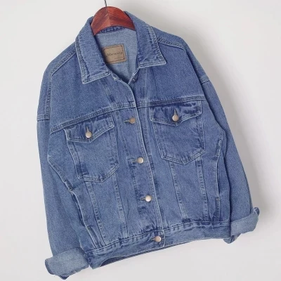 Light blue Корейская короткая джинсовая куртка для женщин большого размера, новинка, Harajuku, осенняя Женская Базовая куртка, Женская свободная ВИНТАЖНАЯ ДЖИНСОВАЯ КУРТКА - Цвет: Light blue