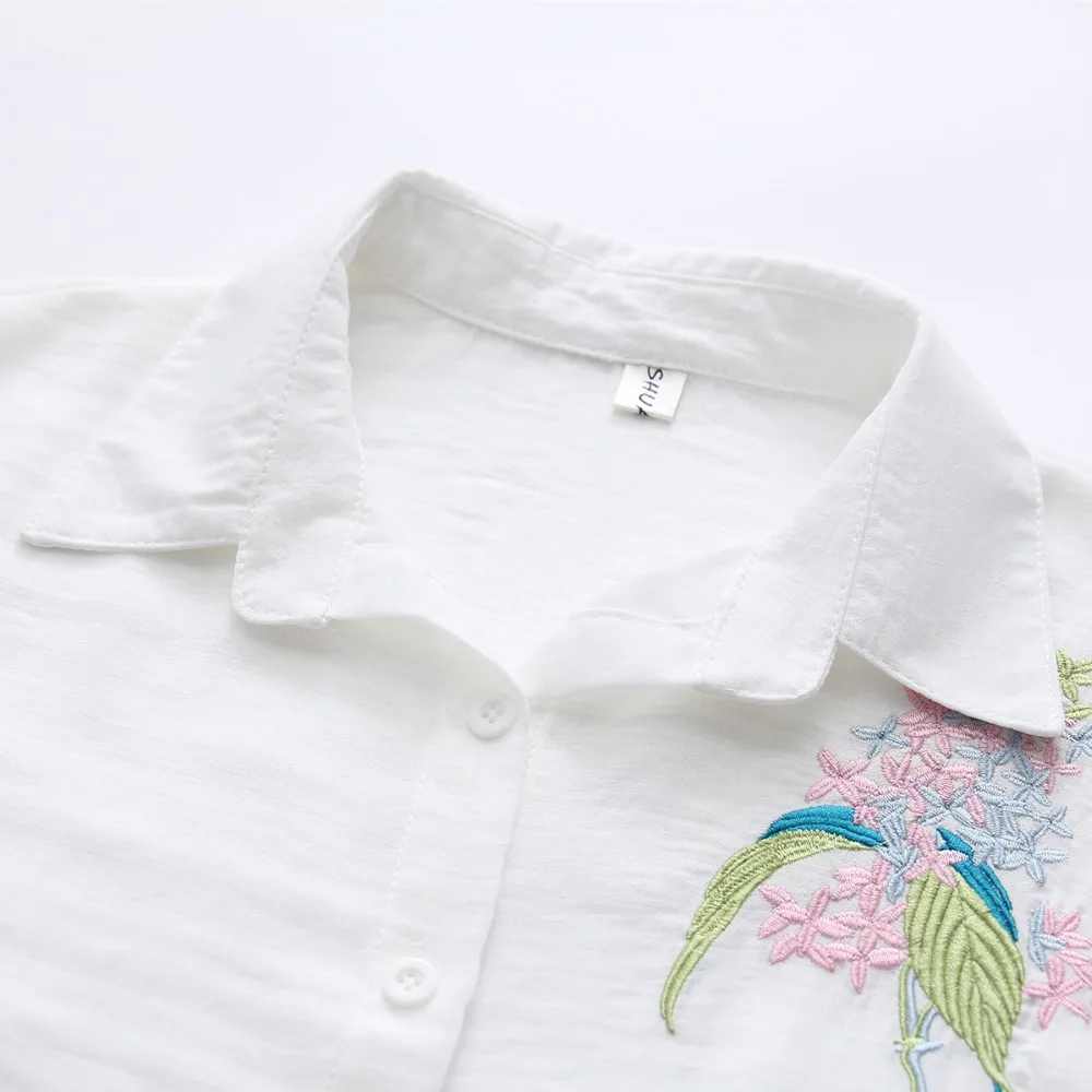 Summer 2018 Women Short Sleeve Linen Blouse Flower Embroidery Elegant Shirt Loose White Ladies Tops And Blouses |