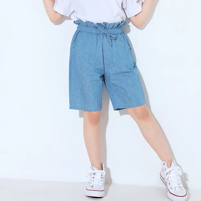 Pioneer kids/летние джинсовые шорты для девочек с высокой талией и рюшами; Узкие детские джинсы; однотонная модная повседневная одежда; EDK910042