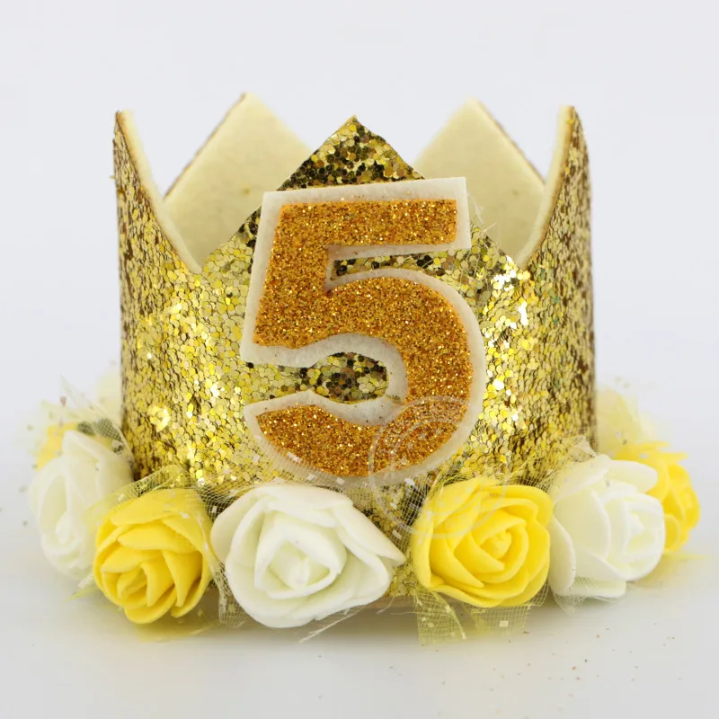 gold hat 5 Счастливые шляпы для празднования первого дня рождения, декоративная крышка, один праздничный колпак, корона принцессы, 1-й 2-й 3-й год, детский аксессуар для волос - Цвет: gold hat 5