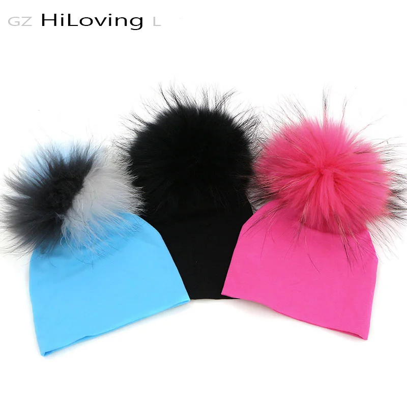 2 шт. хлопковая шапка с помпоном из натурального меха для девочек и мальчиков 0 5