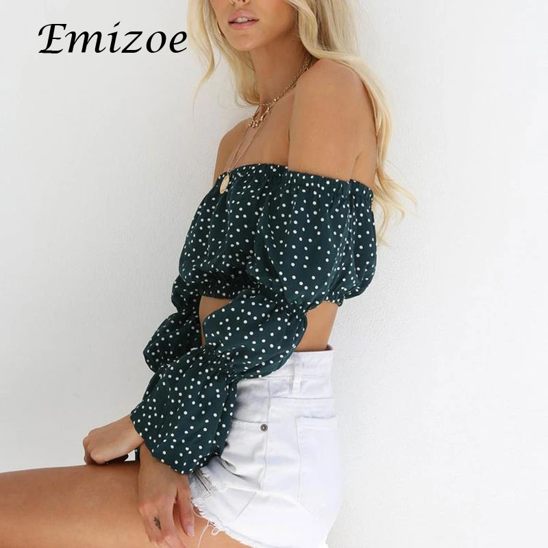 Emizoe 2018 летнее платье в горошек с принтом женские блузки рубашки открытыми