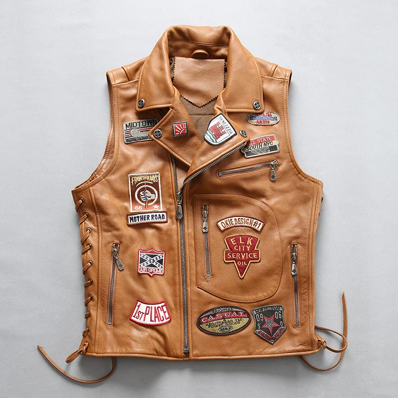 Жилет мужской из воловьей кожи с вышивкой стильная безрукавка отложным