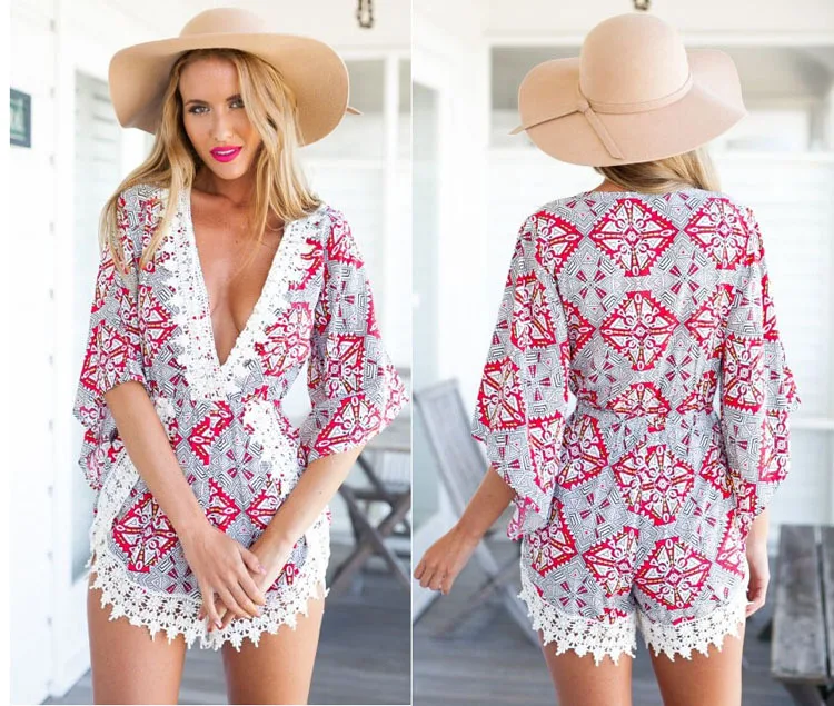 

Women Jumpsuit Elegant Short Overalls Jumpsuit Female Summer Playsuit 3/4 Sleeve Vintage Printed V Neck