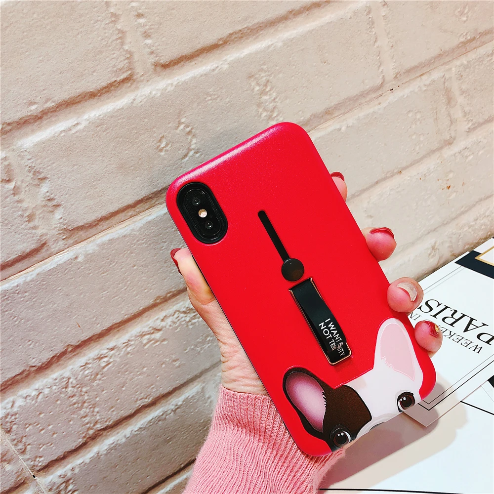 Funny French Bulldog Puppy Cartoon Soft Phone Case For iphone XS MAX XR Red Hide Stand Holder case 6s 6 Xs 7 8 Plus X |