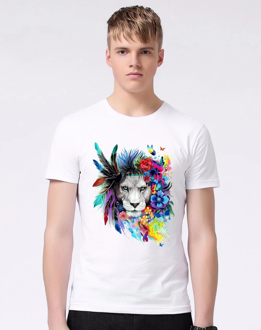 Новый Лето 2017 г. Мода воды красочные Лев Дизайн футболка Для мужчин высокое