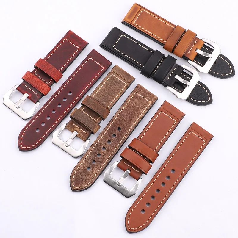 Handmade Cowhide Watchbands 22mm 24mm Men Women Brown Black Red Genuine Leather Watch Band Strap Belt Stainless Steel Buckle