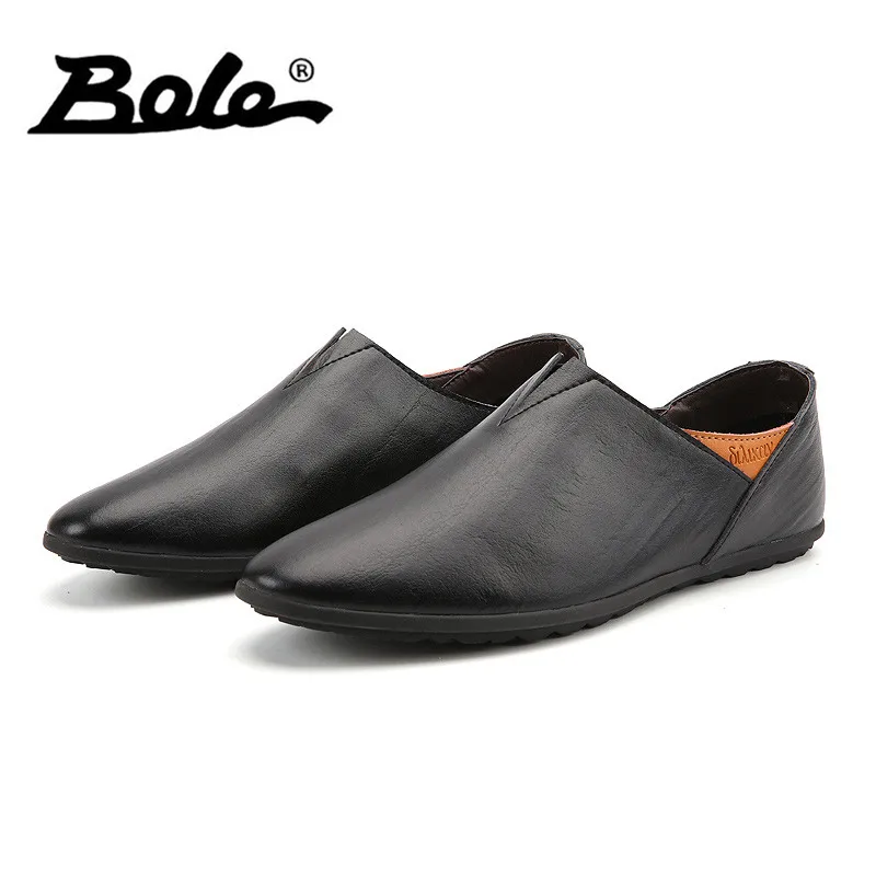 BOLE Men Leather Shoes Big Size 38~45 High Quality Pointed Slip On Loafers Soft Moccasins Brand Flat Driving | Обувь