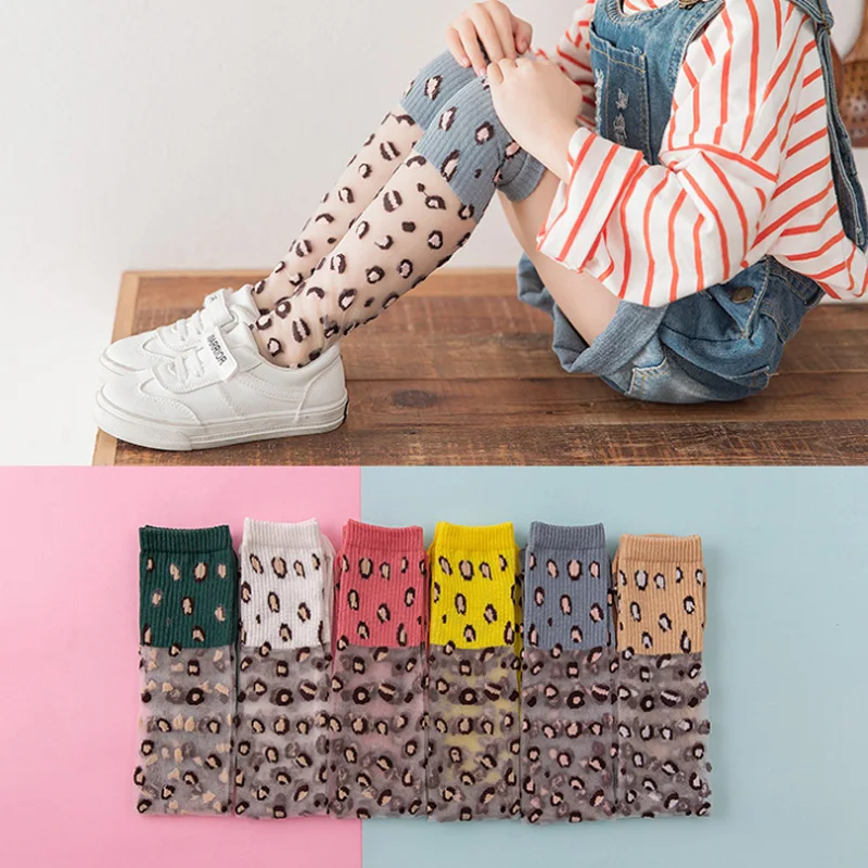 Леопардовые носки до колен для девочек детские летние сетчатые Нескользящие