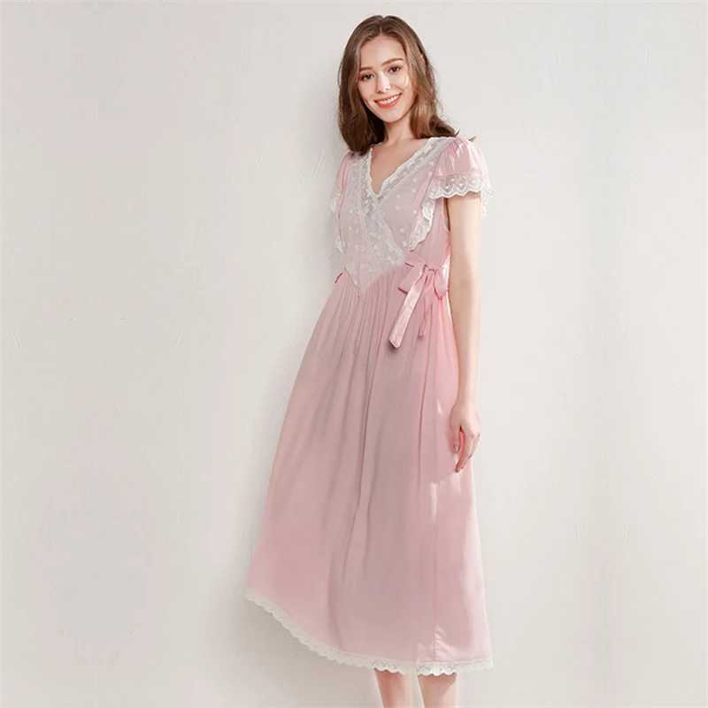 Pink Элегантная летняя одежда для сна с бантом, женская одежда для сна, сексуальная ночная рубашка с v-образным вырезом и коротким рукавом, домашняя одежда, ночная рубашка, женская ночная рубашка T456 - Цвет: Pink