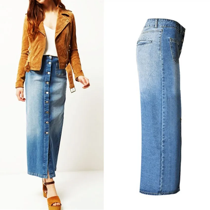 2019 women clothing high waist split pure cotton washed denim pencil skirt Female fashion vintage slim Midi long jean skirts | Женская
