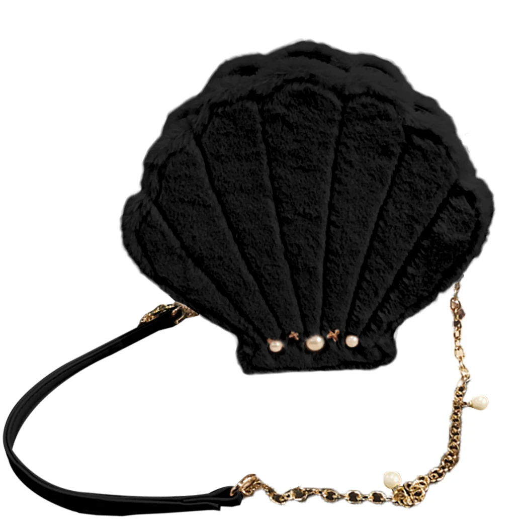 Coofit Симпатичные плюшевые бархатные сумки из искусственной кожи Лолита Mini Crossbody Для женщин Курьерские сумки Sea Shell Форма Роскошные девушки смешно лоскут - Цвет: Black