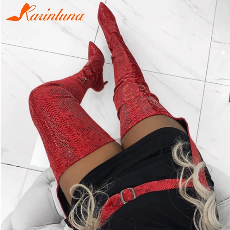 Женские Фетиш ботинки KARINLUNA высокие сапоги до бедра на высоком тонком каблуке с