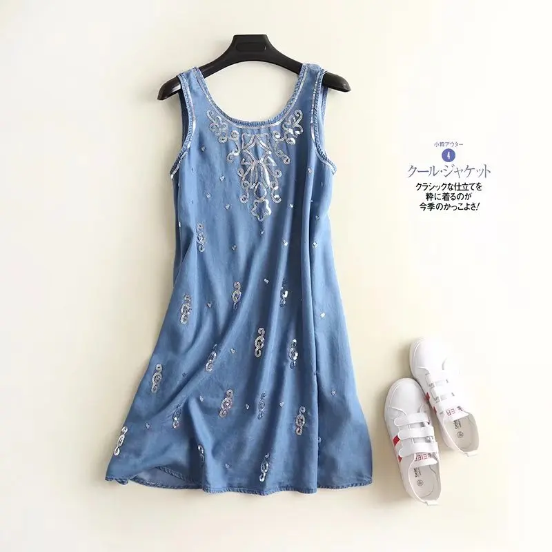 Light Blue Летнее джинсовое платье без рукавов с блестками для женщин, с круглым вырезом, светло-голубые джинсовые короткие сарафаны, милое свободное пляжное платье - Цвет: Light Blue