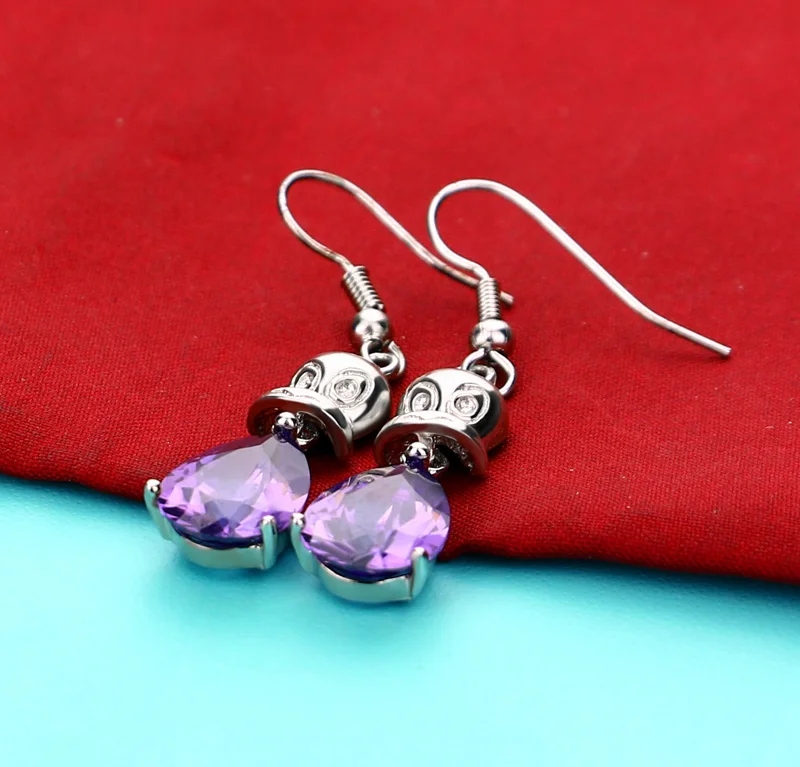 Серьги скелетоны из серебра 925 пробы с фиолетовым Цирконом|Серьги-подвески| |