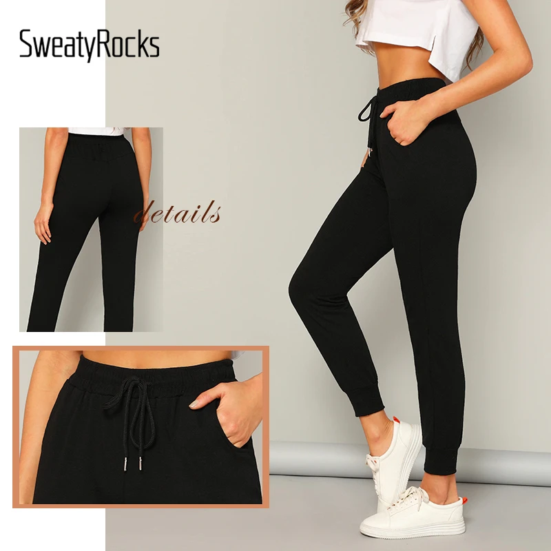 SweatyRocks, черные брюки с косым карманом и завязками на талии, спортивная одежда с высокой талией, женские спортивные штаны,, весенние повседневные зауженные брюки
