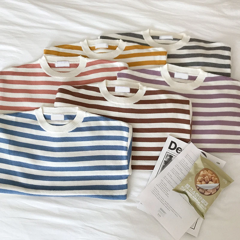 

Women Candy Color Striped Pullover Sweatesr Women's Autumn Long Sleeve Knitted Sweaters Female Casual Autumn Winter Jumpers