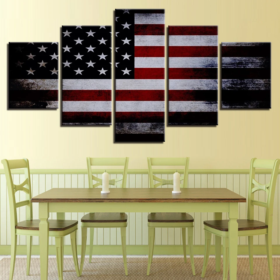 Canvas Paintings Modular Living Room Wall Art 5 Pieces American Flag Pictures Print Vintage Abstract Poster Home Decor Framework | Дом и сад