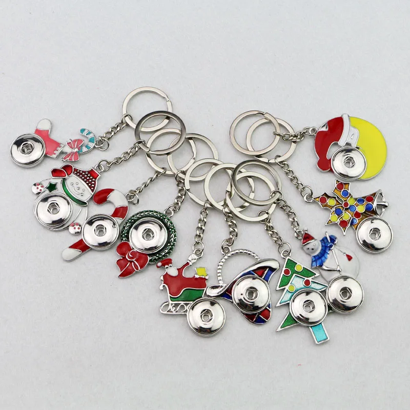 

Wholesae 50pcs/lot Mix 10styles Christmas Ginger Snap Button Key Chain Fit 18mm Snap Key Ring With Xmas Pendants