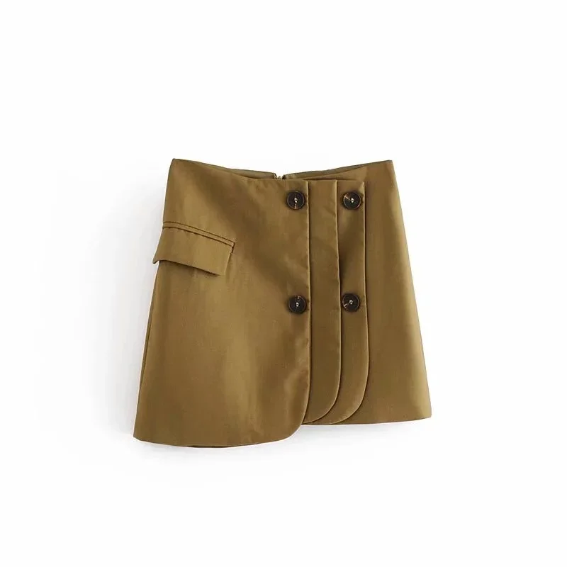 

2019 European & American Style Spring New Arrival High Waist Slim Multi-fold Ruffled Double Breasted Mini Skirt clothes