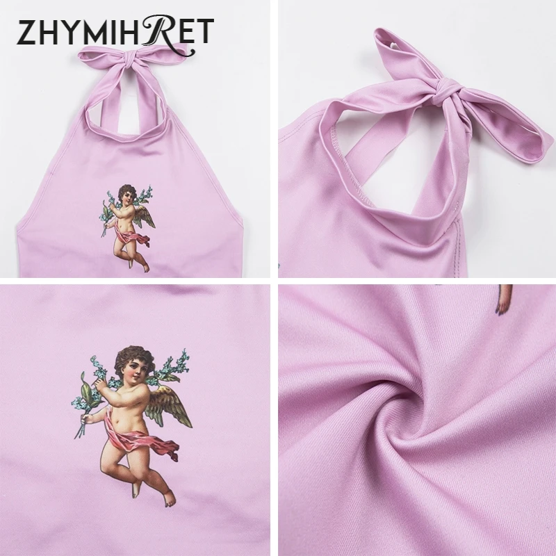 ZHYMIHRET Kwaii Angel принтованные укороченные топы на бретельках Женские розовые майки с