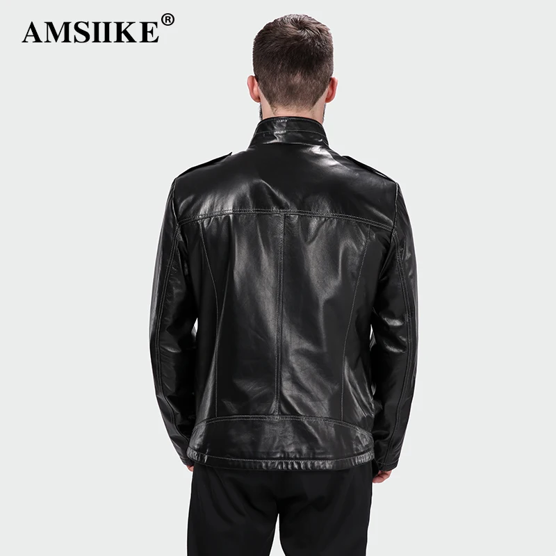 AMSIIKE 2017 Мужская Кожаная Куртка Воротник Стойка на Молнии и Клепках|chaqueta casual|chaqueta