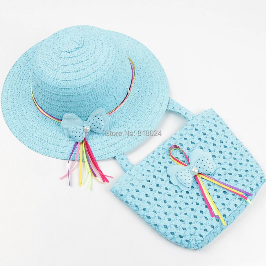 

20pcs/lot Promotion Lovely Bowknot Kids Girl Cute Summer Beach Sun Protection Straw Hat Flower Cap Bag Glacier Cap