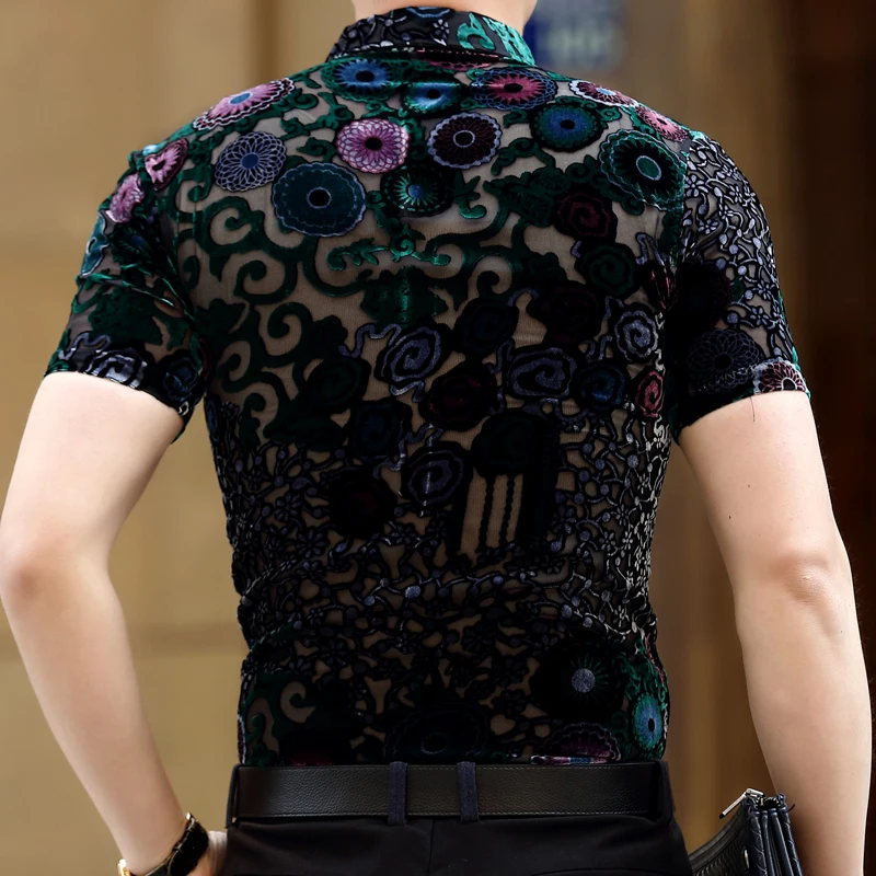 Летняя мужская рубашка с коротким рукавом шелковая оборками прозрачная Camisa Social