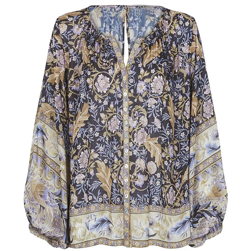 

2019 summer new women's loose print blouse bohemian long-sleeved V-neck shirt