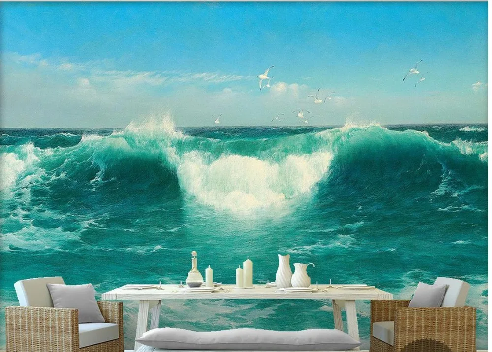 3D обои на заказ синее небо белые облака зеленые морские воды волны морской вид