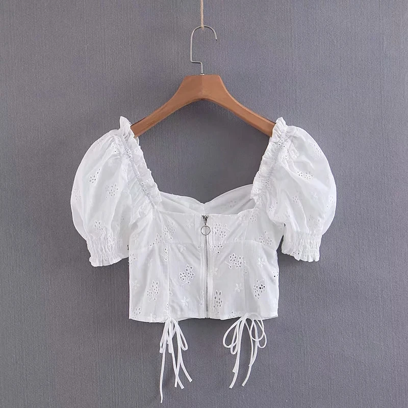 Винтаж Белая Блузка с вышивкой для женщин укороченный Топ Элегантный рюшами S