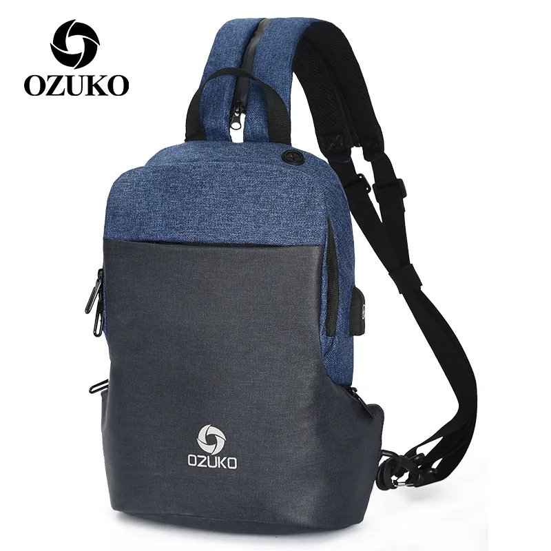 OZUKO 9067 мужская сумка через плечо, зарядка через usb, слинг, сумка-мессенджер, нагрудный пакет, подходит для 9," iPad, сумки через плечо для мужчин, летние короткие поездки - Color: blue