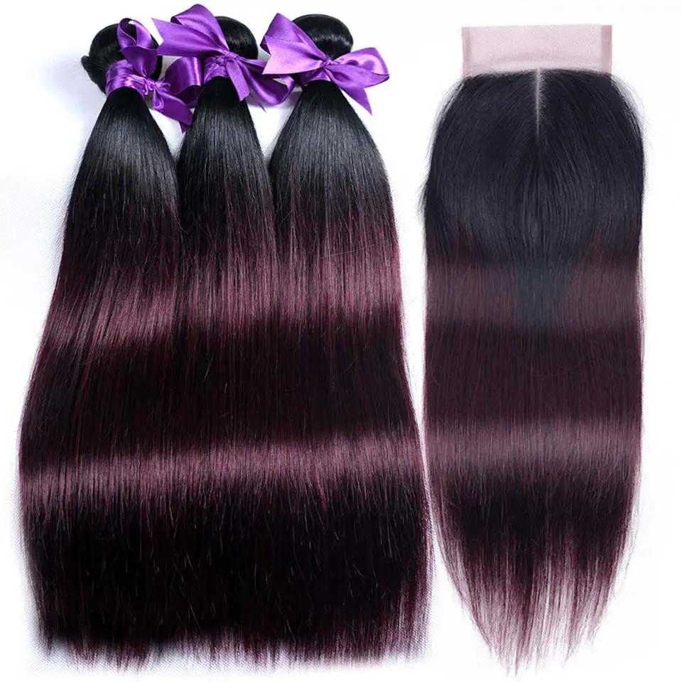 1B 99J пучки волос от светлого до темного цвета с закрытием бордовые красные волосы бразильские прямые человеческие волосы 3 пучка с кружевом Закрытие Pinshair Non Remy