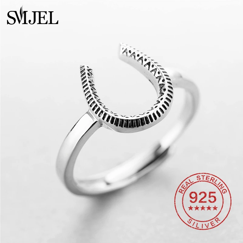 

SMJEL 925 Sterling Silver Horse Rings For Girls Children Vintage Lucky Horseshoe Ring Women Animal Jewelry Anel