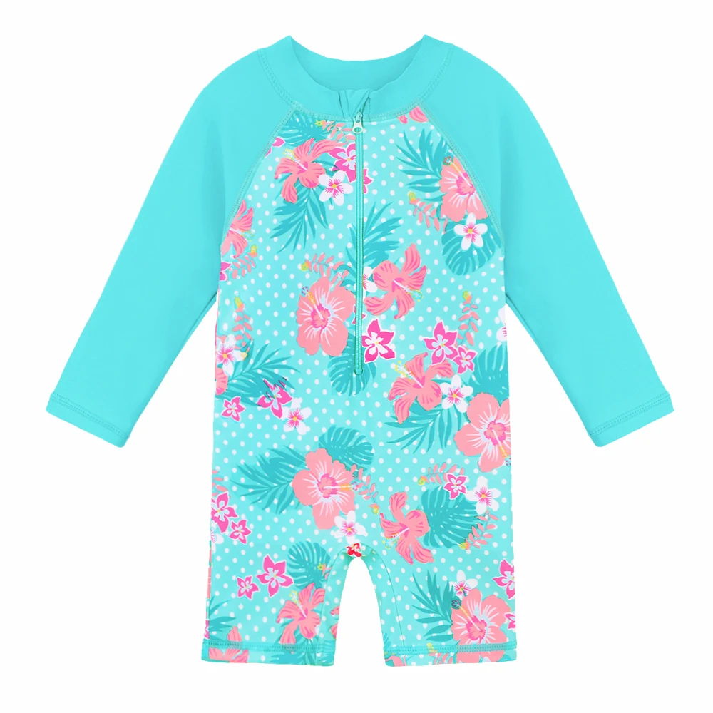

BAOHULU Cyan Floral Baby Girl Swimwear Sun Protection Long Sleeve Kids Swimsuit for Girls Boys Beach Baby Rash Guards One Piece