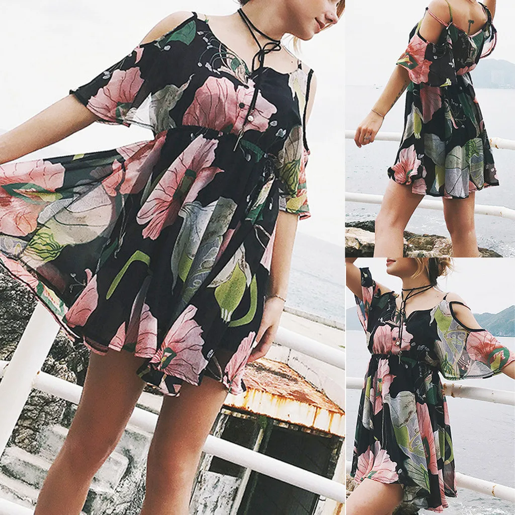 Женское сексуальное пляжное платье с v образным вырезом на пуговицах лето