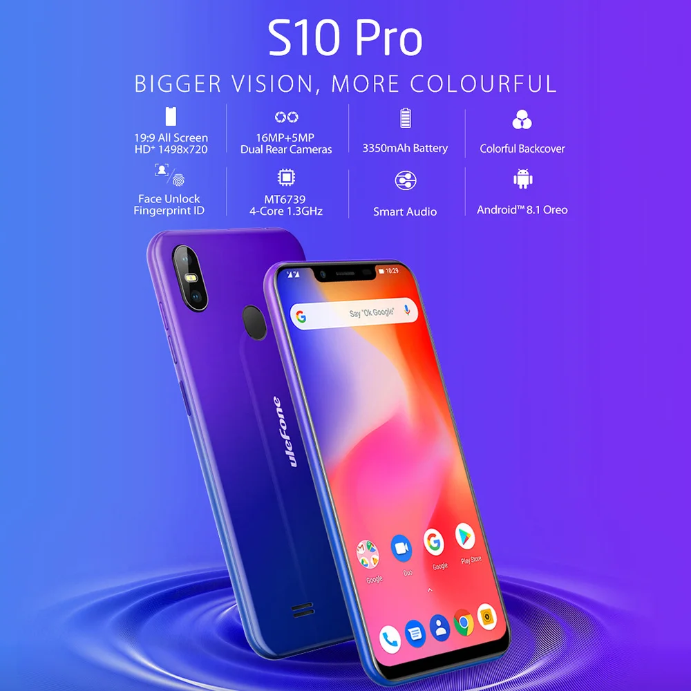 Мобильный телефон Ulefone S10 Pro, 5,7 HD+ 19:9, 2 Гб ОЗУ, 16 Гб ПЗУ, 16 МП, Android 8,1, MT6739WA, четырехъядерный, разблокировка лица, 4G, смартфон