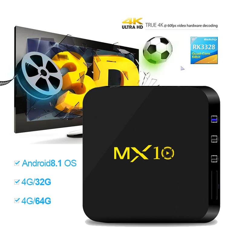 MX10 Android 8 1 Smart ТВ BOX 4 Гб DDR4 32 GB EMMC RK3328 ядра K HDR 2 ГГц WI-FI USB 3 0 Декодер каналов