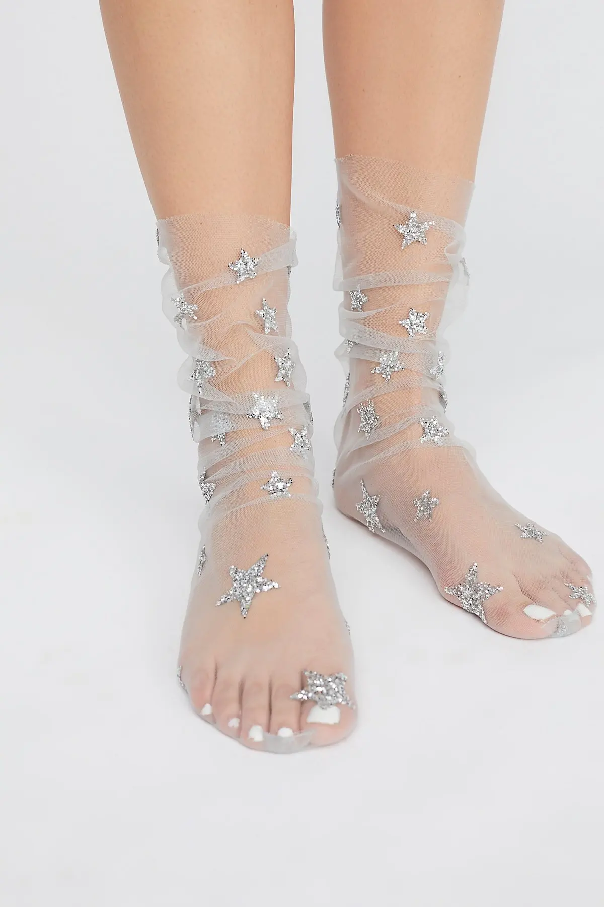 

RUNNING CHICK 2018 spring new shiny star thin socks patch glass yarn socks perspective gauze piles socks wholesale