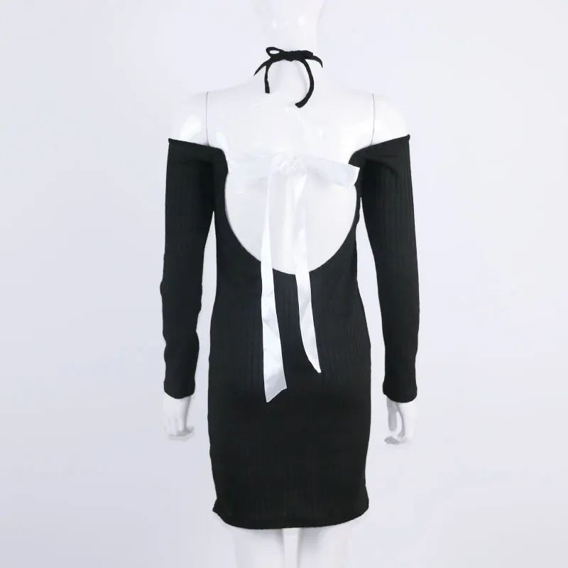 Женское трикотажное платье свитер с открытыми плечами и длинным рукавом|vestido
