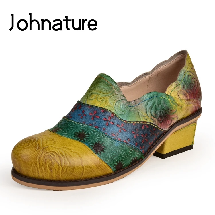 Johnature Square Heel Genuine Leather Shoes Round Toe Casual Slip-on 2019 New Autumn Retro Sewing Mixed Color Women Pumps | Обувь