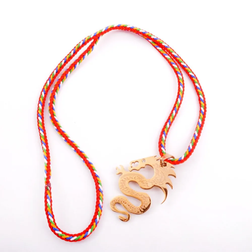 Фэн шуй винтажный Красный веревочный Шарм золотой кулон в виде злого дракона