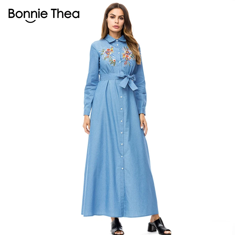 Бонни Thea 2018 женские Осень Denim Вышивка длинное платье женский Кнопка полный рукав