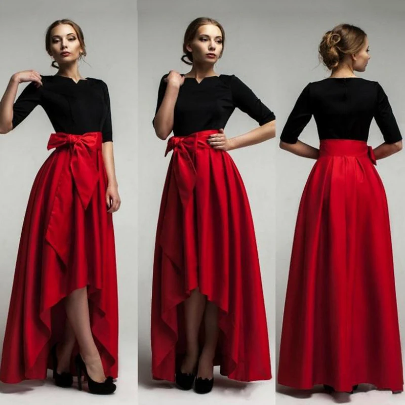 

Fashion Red Empire Zipper Pleated High Low Asymmetrical Custom Made Womens Formal Skirt Bow for Evening Prom Party Vestido Saia
