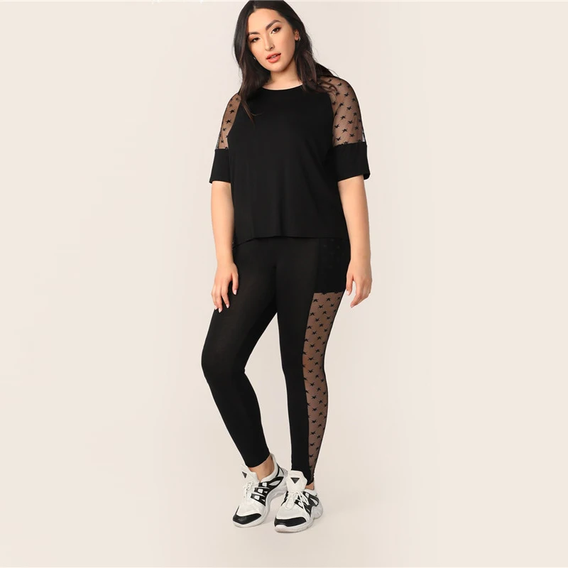 SHEIN, комплект из топа и леггинсов размера плюс, черная звезда, сетчатая вставка, рукав,, женский весенний комплект, полурукав реглан, эластичный, два предмета