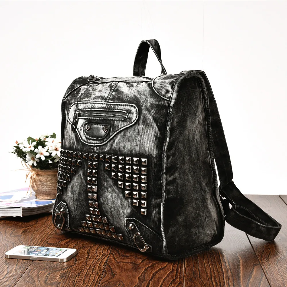Винтаж Повседневное элегантный дизайн с заклепками небольшой Джинсовый Рюкзак Школьные ранцы Джинсы для